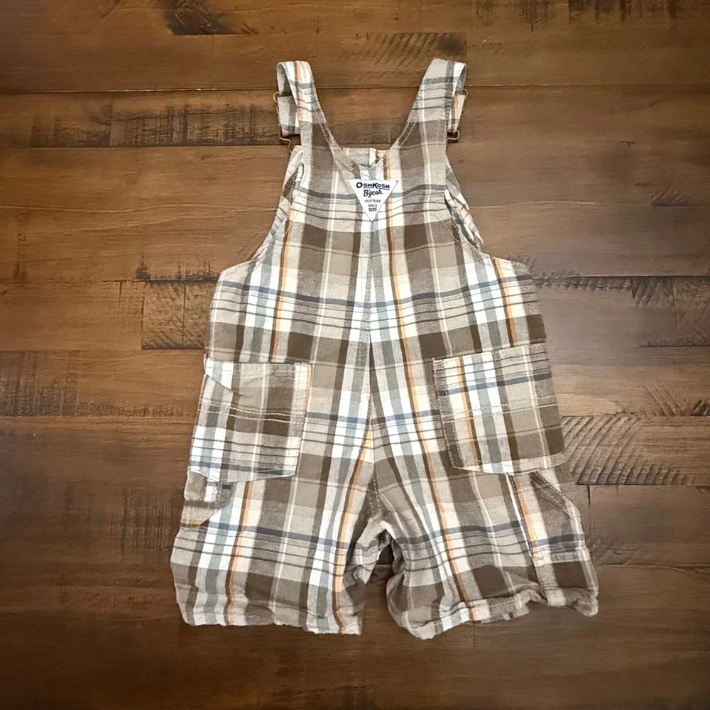 OshKosh Bgosh Plaid Overalls Shortalls Brown Blue Pockets‎ 18 Months
